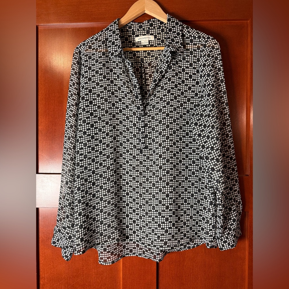 Liz Claiborne Black and White Polka Dot Sheer Blouse Size Large